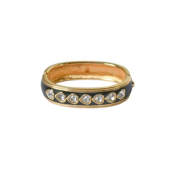 1990s Swarovski Swan Gold Enamel Heart Crystals Statement Hinged Bangle Bracelet - Picture 8 of 8